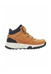 Hellbraune Leder-Mid-Top-Sneaker mit schwarzen Akzenten, strukturiertem Gummisohle, Schnürdesign und verstellbarem Klettverschluss. Gepunktete weiße Zwischensohle.