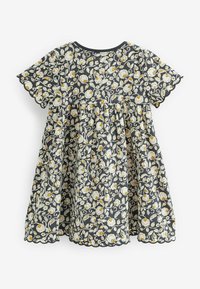 Kurzärmliges dunkles Kleid mit weißem und gelbem Blumenmuster, gewellte Kanten an Ärmeln und Saum, geraffte Taille für Fülle.