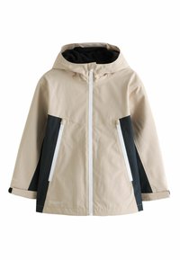Beige and black waterproof jacket with a hood, featuring white zippers, a smooth texture, and a two-tone design with reflective accents.