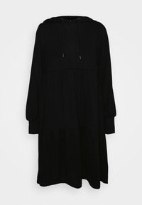 Svart hoodieklänning med långa ärmar och ett lager-på-lager-design, med en dragsko vid halslinjen. Mot en enkel vit bakgrund.