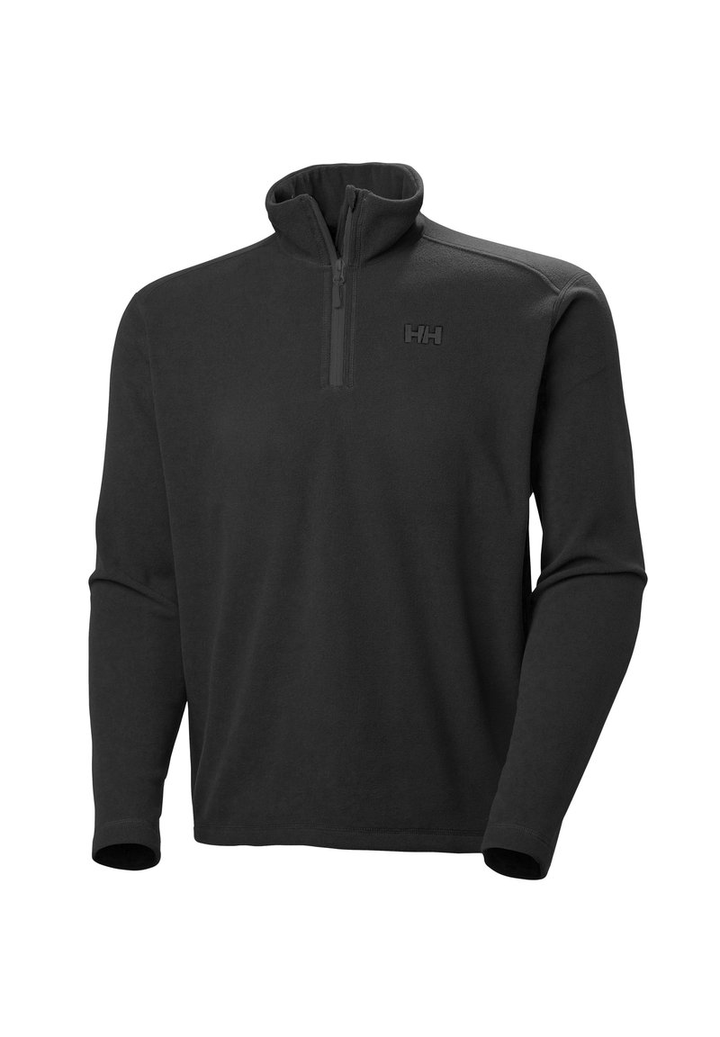 Pólder negro de forro polar con cuello de media cremallera, mangas largas y un sutil parche de logo en el pecho. Textura suave y diseño casual.