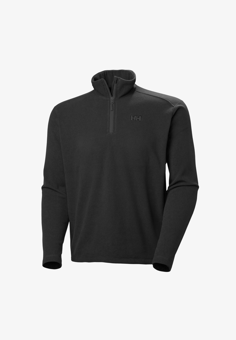 Pólder negro de forro polar con cuello de media cremallera, mangas largas y un sutil parche de logo en el pecho. Textura suave y diseño casual.