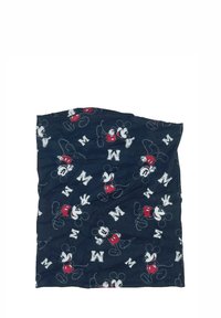 Marineblaue Stoff mit wiederholten Mickey Mouse-Designs in Rot und Weiß, ergänzt durch Akzente des Buchstabens "M" im abgenutzten Stil.