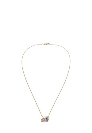Gold chain necklace featuring three distinct gemstones: oval pink, rectangular blue, and two clear accents, arranged centrally on the chain.