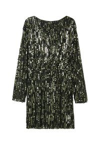 Schwarzes Paillettenkleid mit langen Ärmeln, das vertikale Pailletten aufweist, die ein strukturiertes Muster bilden. Rundhalsausschnitt und lockere Passform.