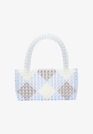 Perlebesat håndtaske med et geometrisk mønster i perlehvid, lys blå og brun. Kort perle håndtag og strukturerede overflader.