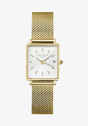 Montre rectangulaire en or avec un bracelet en maille, cadran texturé blanc, index horaires en or et affichage de la date à la position 3 heures.