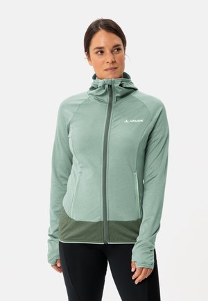 Giacca zip-up verde menta con design aderente, tessuto testurizzato, cappuccio e accenti verde scuro all'orlo, con logo sul petto.