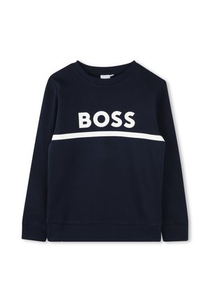 Sweat-shirt bleu marine à manches longues avec texte blanc "BOSS" et bande horizontale sur la poitrine, poignets et ourlet côtelés.