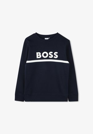Donkerblauwe sweatshirt met lange mouwen, witte "BOSS"-tekst en een horizontale streep over de borst, geribbelde manchetten en zoom.