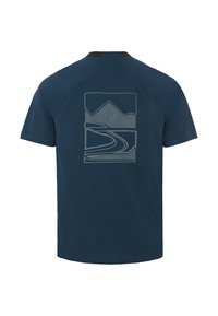 Camicia a maniche corte blu navy con finitura testurizzata, caratterizzata da una grafica geometrica di montagna e una strada tortuosa in grigio chiaro sul retro.