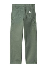 Grüne Cargo-Hosen aus Baumwollmischung mit mehreren Taschen, einer lockeren Passform und verstärkten Nähten. Die Rückansicht zeigt das Etikett im Detail.
