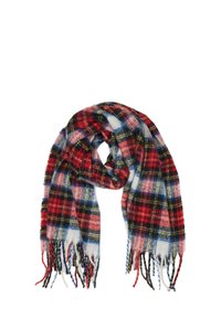 Sciarpa a quadri rossa, blu e bianca realizzata in tessuto morbido, con bordi sfrangiati e design leggero. Adatta per diverse stagioni.