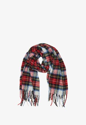 Bufanda a cuadros en rojo, azul y blanco hecha de tela suave, con bordes con flecos y diseño ligero. Adecuada para diversas estaciones.