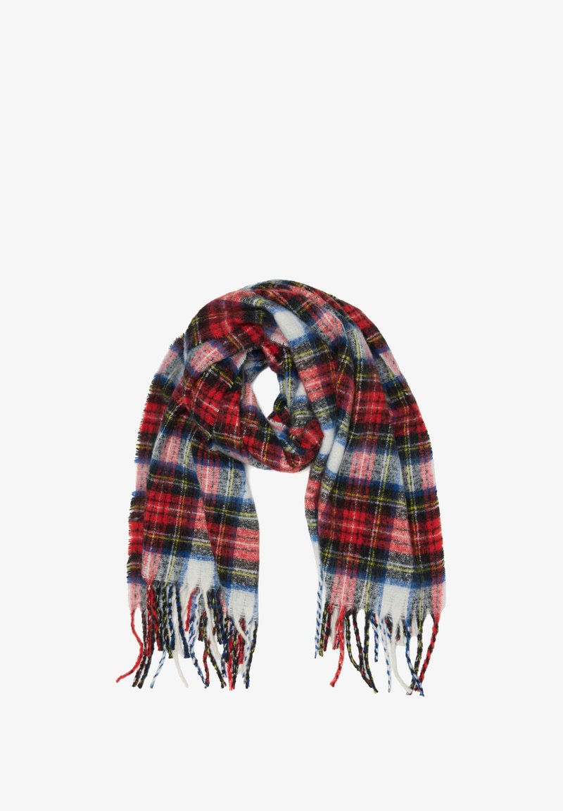 Sciarpa a quadri rossa, blu e bianca realizzata in tessuto morbido, con bordi sfrangiati e design leggero. Adatta per diverse stagioni.