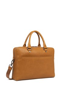 Tan-Farbenes Leder-Laptoptasche mit doppelten Griffen, einem Reißverschluss und einer Fronttasche. Mit silbernem Beschlag und einem verstellbaren Schultergurt.