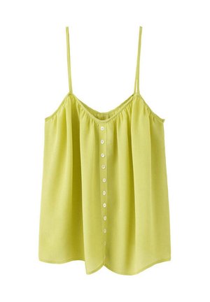 Lichtgroene mouwloze blouse met dunne schouderbandjes en een rij witte knopen aan de voorkant in het midden.
