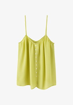 Blouse sans manches vert clair avec fines bretelles et une rangée de boutons blancs au centre devant.