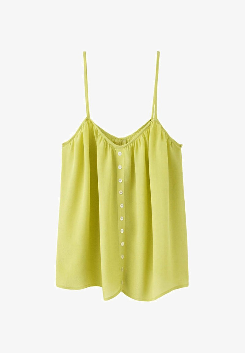Blouse sans manches vert clair avec fines bretelles et une rangée de boutons blancs au centre devant.