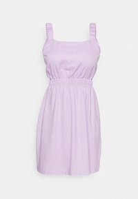 Vestido sem mangas de lavanda com decote quadrado, alças franzidas e cintura elástica. Feito de tecido leve, com textura suave.