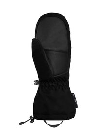 Schwarze Handschuhe mit einem weichen Stoffäußeren und einer Leder-Handfläche für Langlebigkeit. Verstellbares Handgelenk mit elastischem Bund für einen sicheren Sitz.