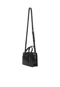 Borsa a mano in pelle nera con una forma strutturata, un dettaglio a fibbia anteriore, due manici superiori e una tracolla regolabile.