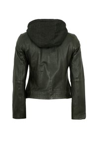 Lederjacke in dunklem Grün mit tailliertem Design, ausgestattet mit einer grauen Stoffkapuze, dekorativen Nähten und einer glatten Textur.