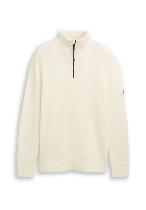 Cremfarbener Pullover mit hohem Kragen und halbem Reißverschluss, ausgestattet mit einem strukturierten Strickmuster sowie gerippten Bündchen und Saum.