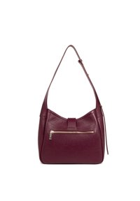 Borsa a mano in pelle bordeaux con forma curva, tracolla regolabile e tasca con zip frontale. Superficie testurizzata e design minimalista.