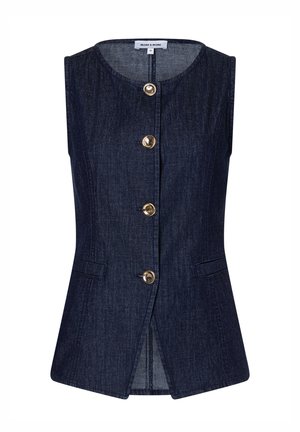 Mouwloos donker denim vest met ronde hals, vier gouden knopen aan de voorkant en twee kleine voorzakken.