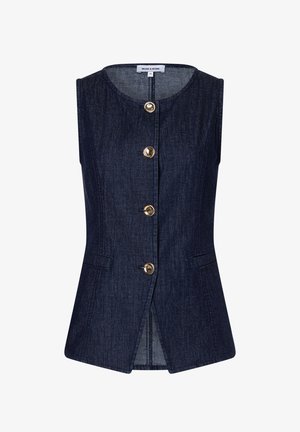 Ärmellose dunkle Jeansweste mit rundem Ausschnitt, vier goldenen Knöpfen vorne und zwei kleinen Fronttaschen.