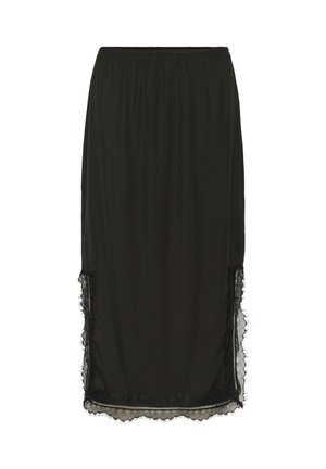 Zwarte jurk tot de knie met elastische tailleband en kantafwerking langs de zijkanten en de zoom voor een delicate, decoratieve afwerking.