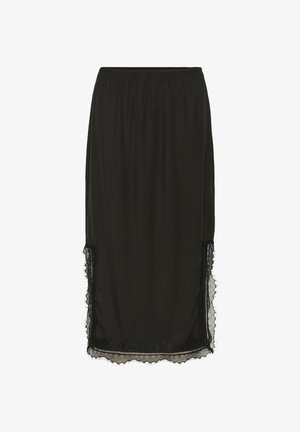 Schwarzer knielanger Rock mit elastischem Bund und Spitzenbesatz entlang der Seiten und des Saums für einen zarten, dekorativen Abschluss.