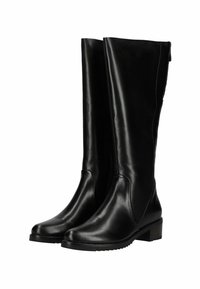 Botas de cuero negro hasta la rodilla con una textura suave, punta redondeada y un tacón bajo cuadrado. Detalle de cierre de cremallera lateral visible.