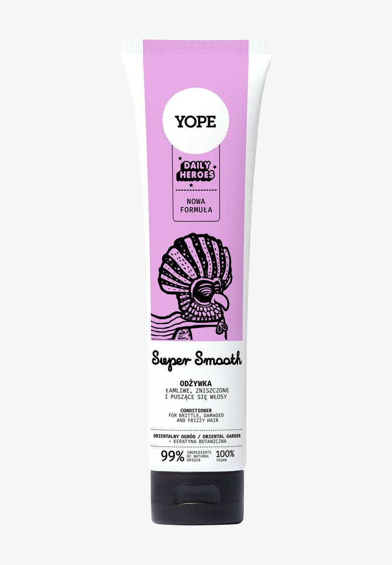 Après-shampoing Yope dans un tube de 250 ml. Finition douce au toucher, couleur violet clair, design graphique noir représentant un oiseau. Fond noir avec texte blanc.