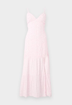 Hellrosa Blumenkleid im Maxistil mit dünnen Trägern, einem taillierten Oberteil und gestuften Rüsche am Saum. Hergestellt aus weichem, leichtem Stoff.