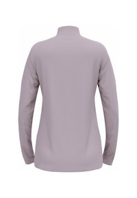 Langärmliges Oberteil aus weichem lavendelfarbenem Stoff, mit hochstehendem Kragen, glatter Textur und minimalistischem Design ohne sichtbare Nähte.