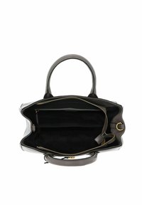 Sac à main en cuir gris avec double anses, fermeture éclair et plusieurs compartiments intérieurs, doté d'une surface texturée et d'une ferrure couleur or.