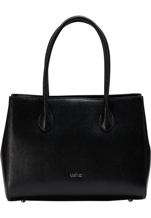 Sac à main en cuir noir texturé avec deux poignées et petit logo argenté "usha" centré sur le devant.