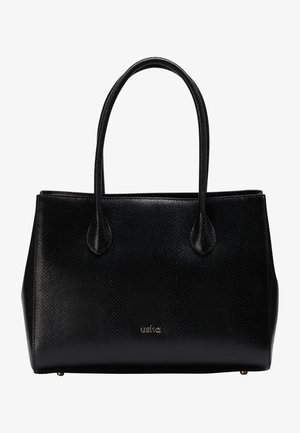 Sac à main en cuir noir texturé avec deux poignées et petit logo argenté "usha" centré sur le devant.