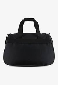 Black duffel bag made of durable fabric, featuring two short handles, a removable shoulder strap, and a zippered top closure.