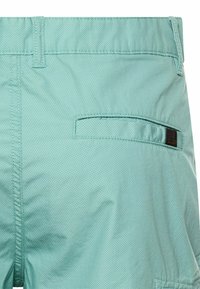 Lyseblågrønne shorts med tekstur, der har en baglomme med kant og et lille mørkt, rektangulært mærke på højre side.