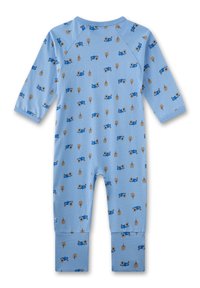 Langärmeliger Baby-Strampler in Hellblau mit wiederholtem Traktor- und Baum-Muster. Weicher, dehnbarer Stoff mit gerippten Bündchen.