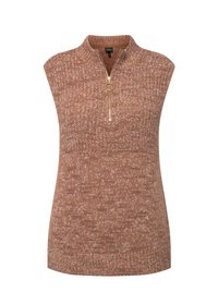 Maglione smanicato a maglia marrone e beige melange con collare alto e zip frontale con un tirante circolare.