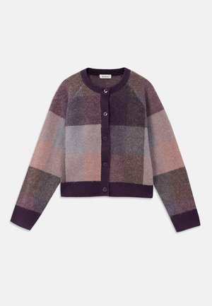 Knitted cardigan in shades of purple, gray, and beige, featuring a checkered pattern, round neck, and front button closure.