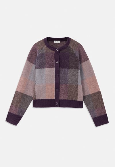 Knitted cardigan in shades of purple, gray, and beige, featuring a checkered pattern, round neck, and front button closure.