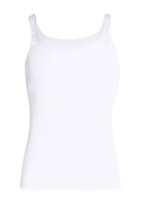 Top in cotone bianco a coste, con spalline larghe e silhouette aderente. Tessuto liscio senza motivi o dettagli visibili.