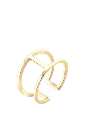 Bague en or ouverte avec un design géométrique moderne featuring deux bandes parallèles reliées par une barre horizontale sur fond blanc.