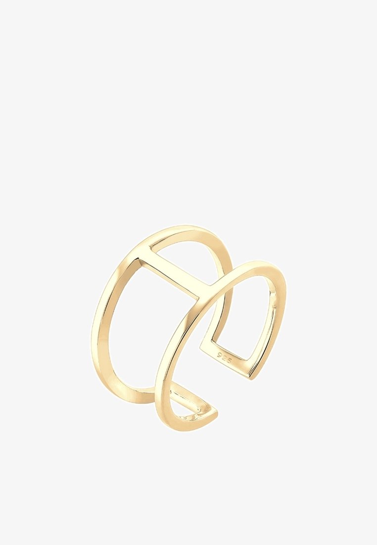 Bague en or ouverte avec un design géométrique moderne featuring deux bandes parallèles reliées par une barre horizontale sur fond blanc.