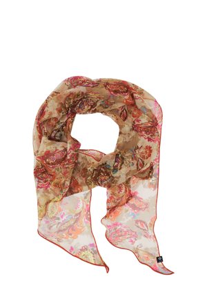 Lightweight sheer scarf with multicolored floral and paisley patterns in shades of brown, red, pink, and orange, folded loosely.